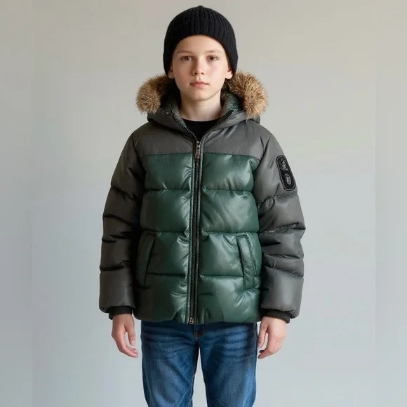 United Colors of Benetton Boys 7-8 Down Puffer Jacket Faux Fur Hood Green Grey - Picture 1 of 9